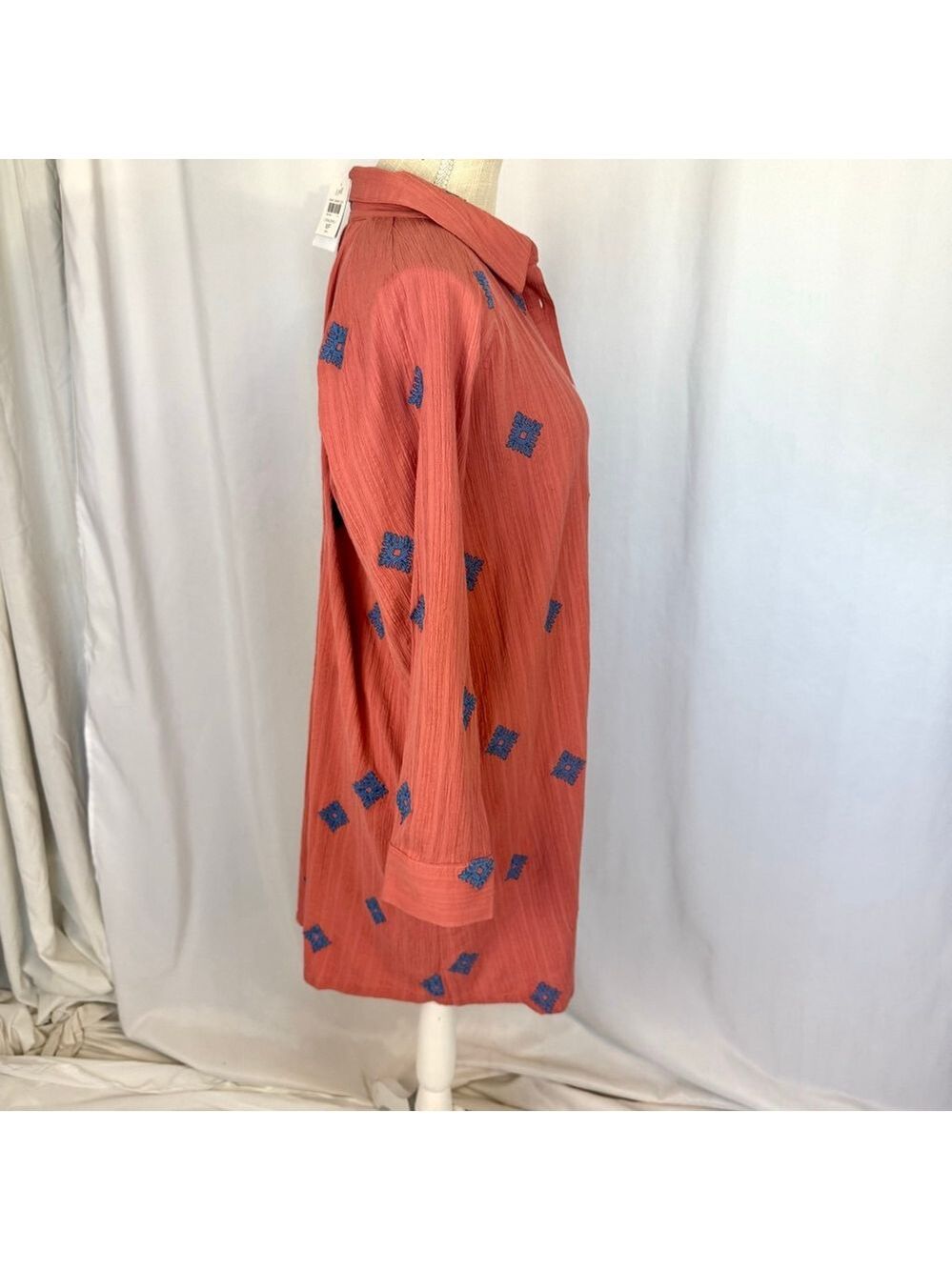 NWT Pure Jill Embroidered Shirtdress Women's Medium Petite Coral - Picture 3 of 16